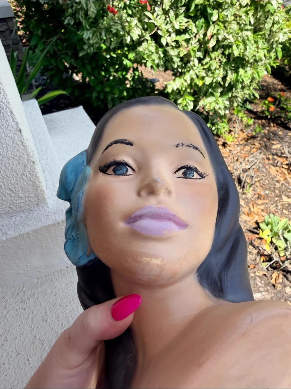 Vintage Ceramic Lady Head Bust Figurine Blue Flower Mid Century Retro Decor